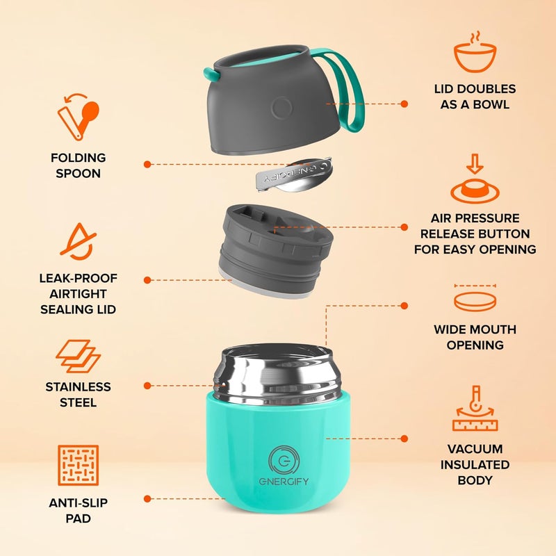 ENERGIFY Vacuum Insulated Food Jar. Large 12oz Bowl incl. Folding Spoon, Cup. Wide Mouth Keep Hot & Cold Drinks Soup Lunch Container for Adults. BPA-Free Stainless Steel, Leak Proof Mint Green - Image 2
